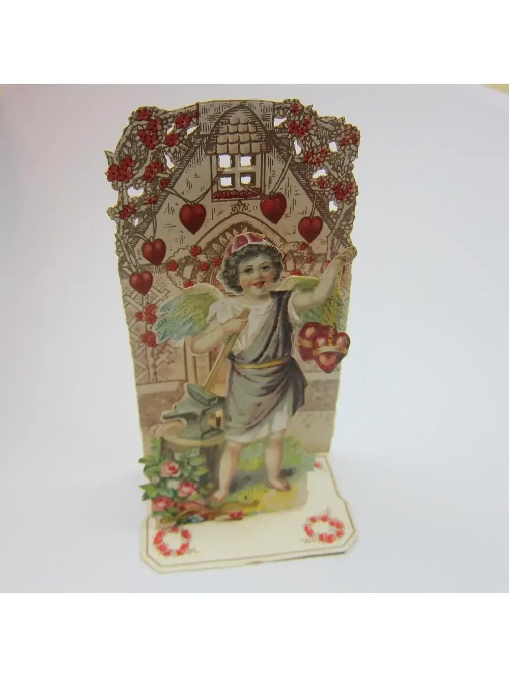 Vintage Valentine Pull Down Die Cut Stand Up Angel Boy Wings Toga Hammer & Anvil